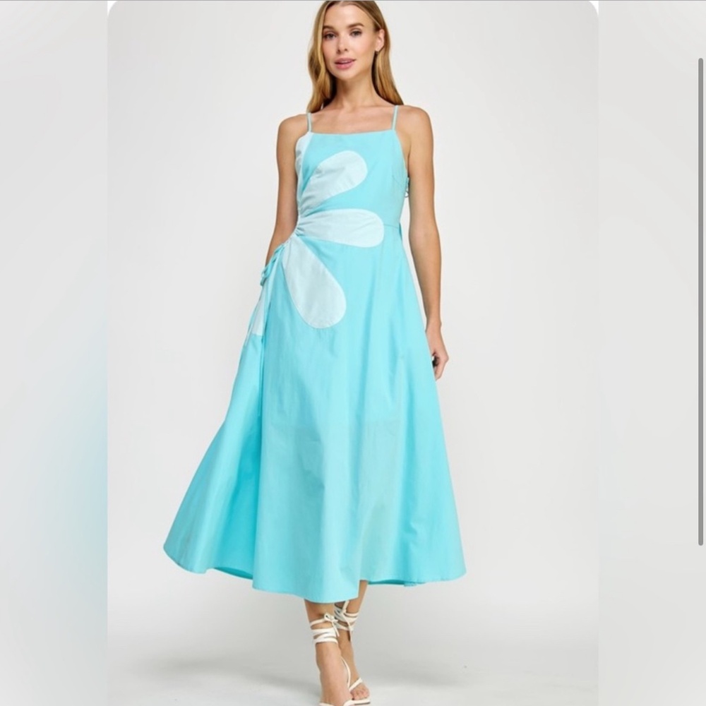 906. The Daisy” Cutout Aqua Blue and White Women's Dress - Picture 2 of 3